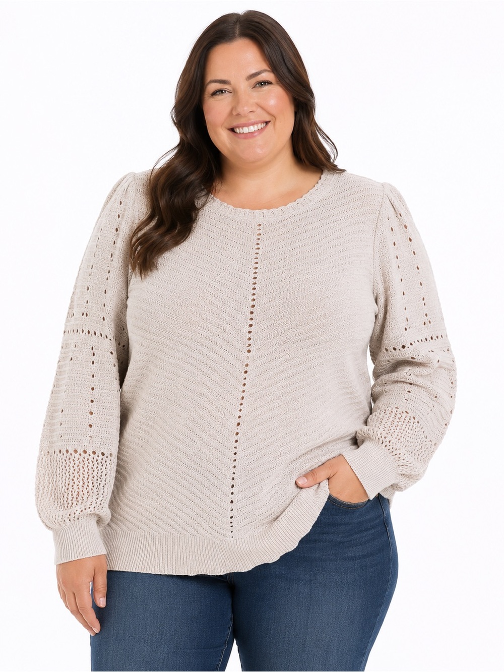 Knox Rose Cream Open-Stitch Crewneck Sweater